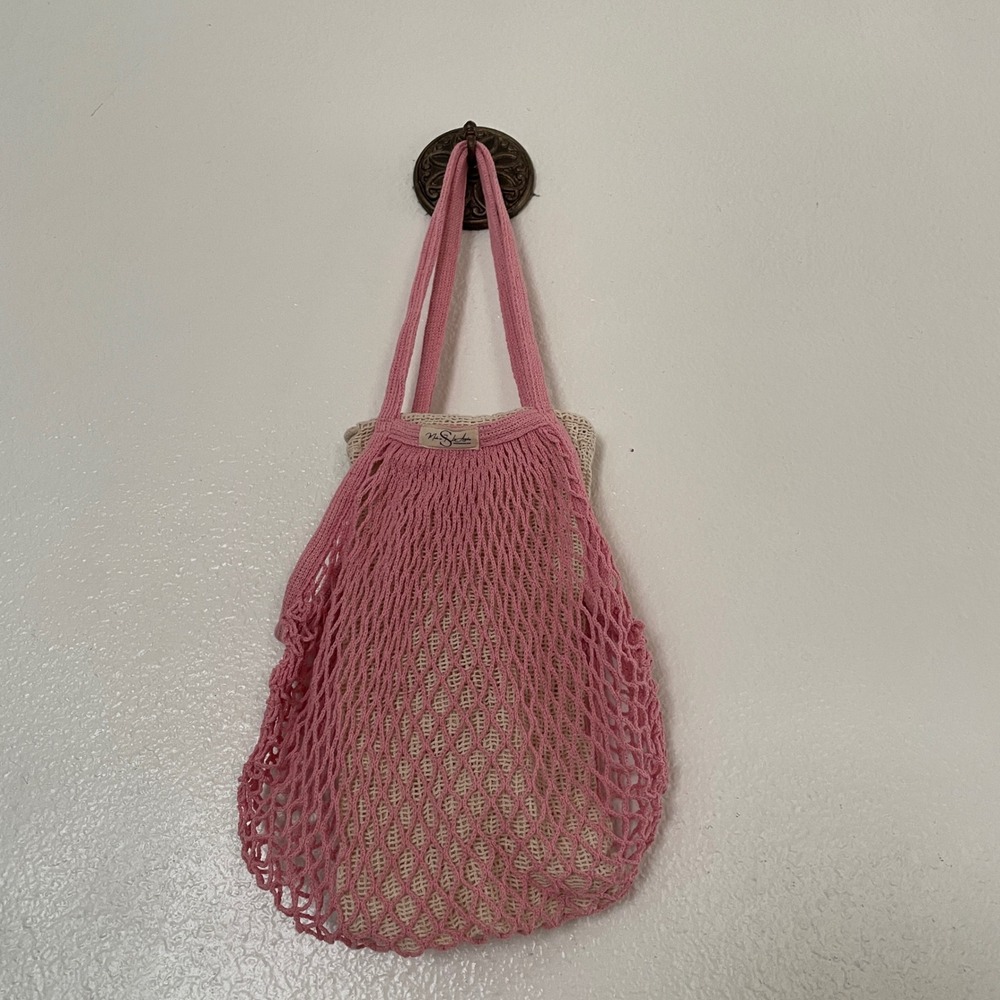 7sevedesign Pink Mesh Market Tote Bag with Cream Liner and Ballerina Keychain